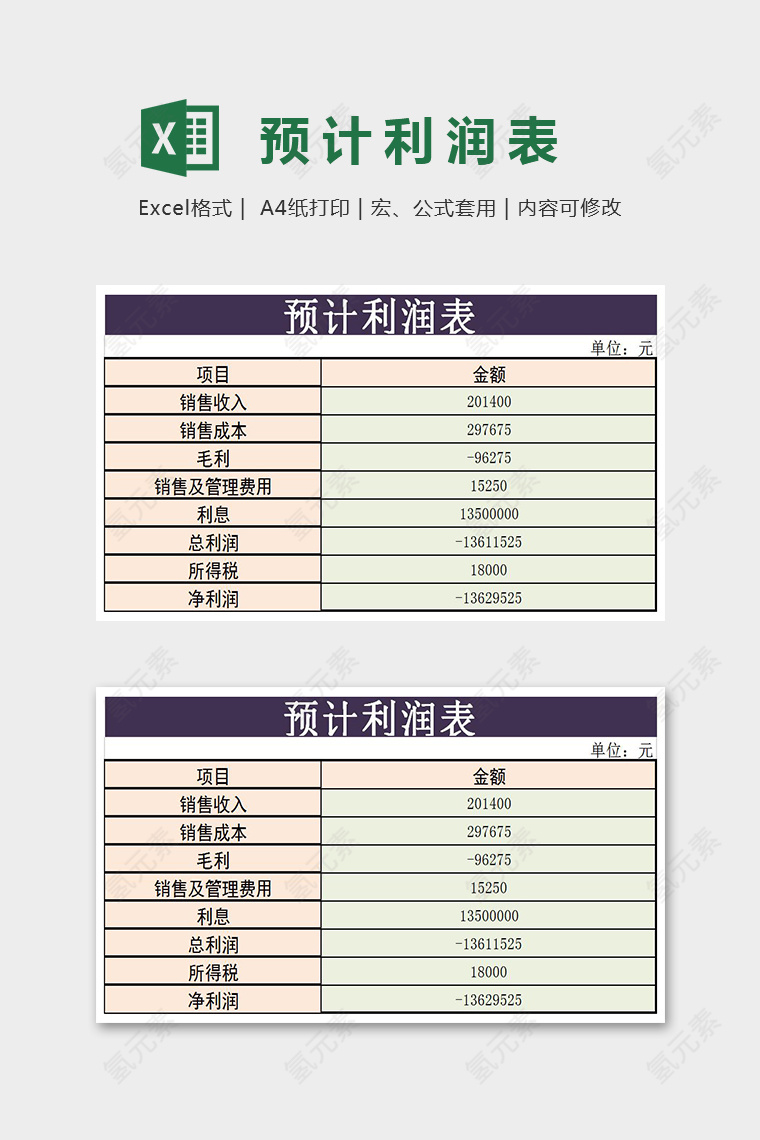 双色明了预计利润表Excel