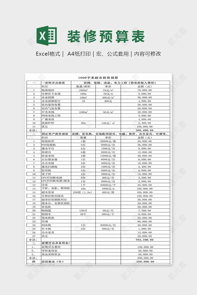 通用精美大方装修预算表Excel