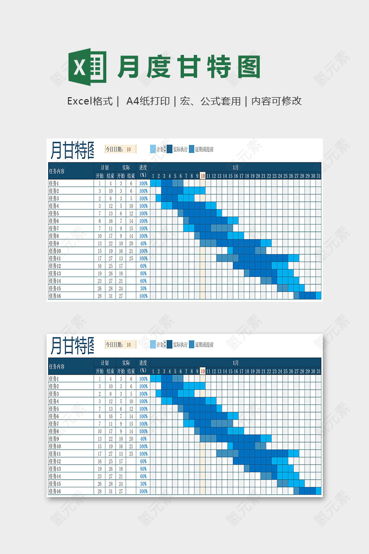 公司项目进度甘特图月度统计excel模板