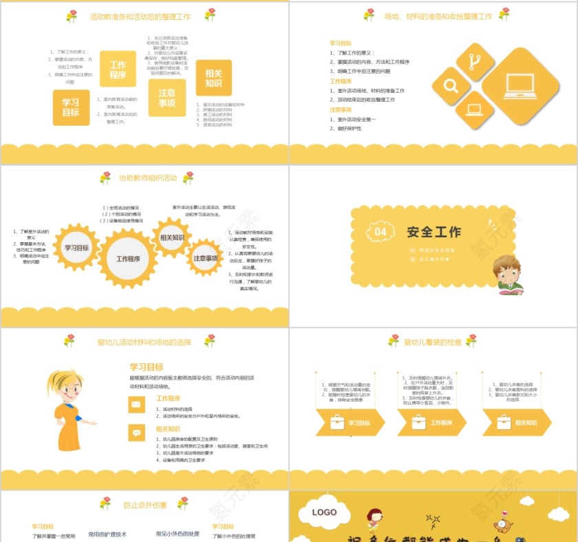 黄色幼儿园保育员培训PPT模板  第4张