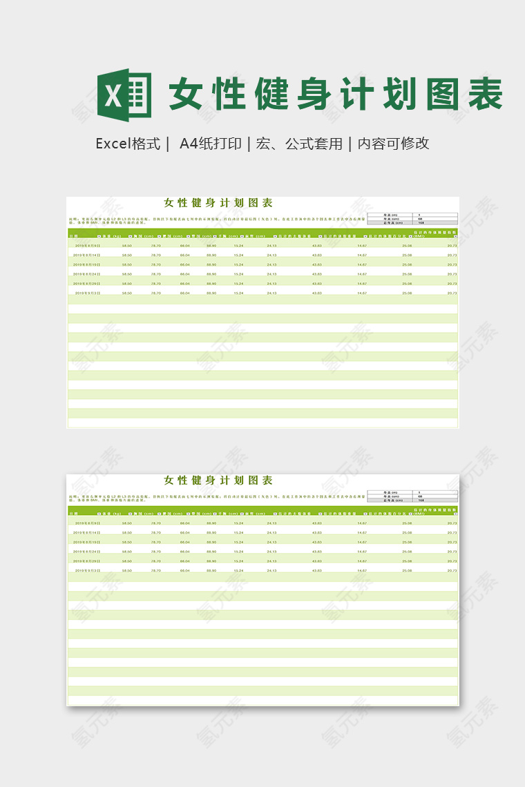 女性健身计划专用图表excel模版