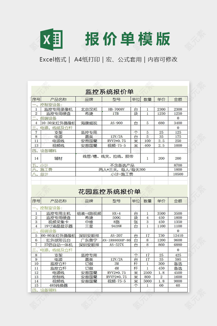 专业高级监控系统报价单模版