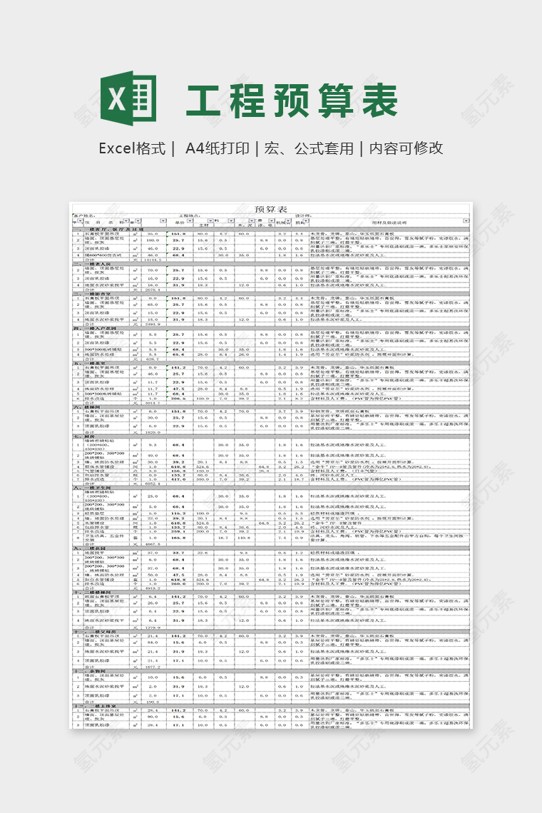 大方简单详细工程预算统计表Excel