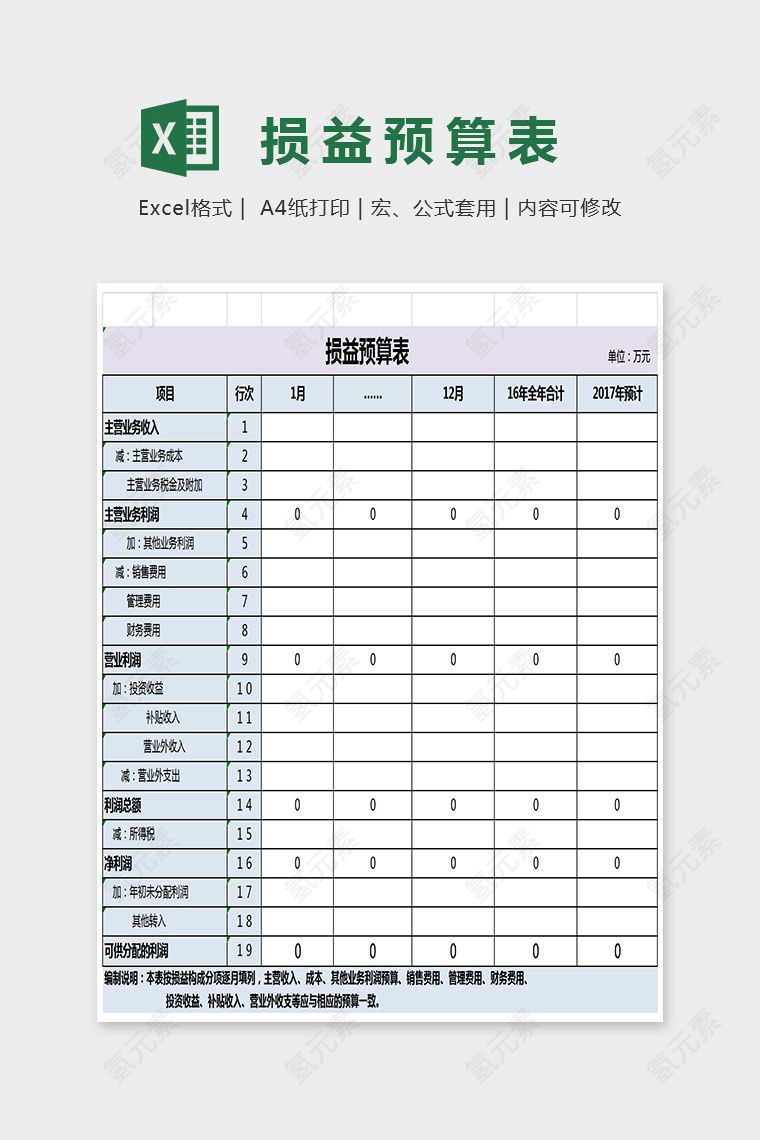 简单大方损益预算表格模板Excel