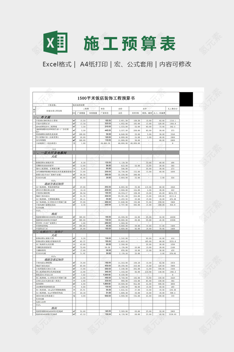 1500平方米饭店装饰工程预算书模版