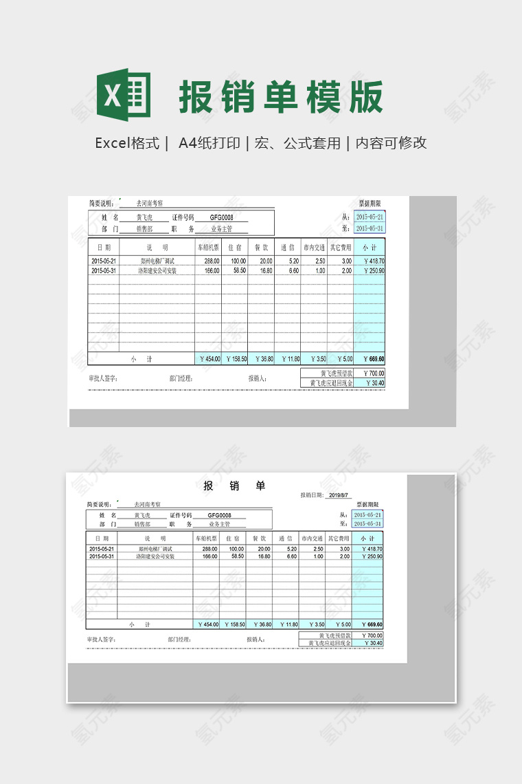 公司出差费用报销单明细模版