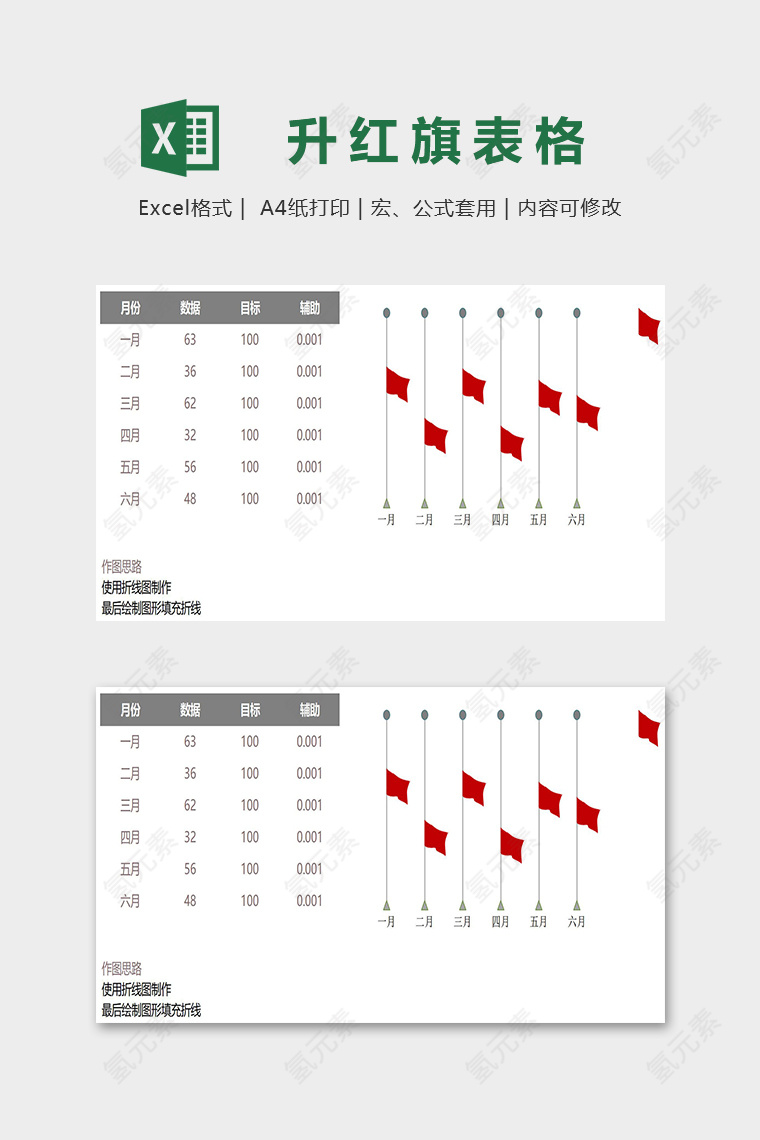 数据可视化工具创意月份数据升红旗excel模板