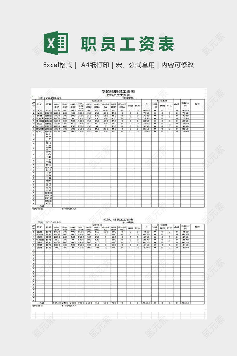 简单大方职工工资表Excel