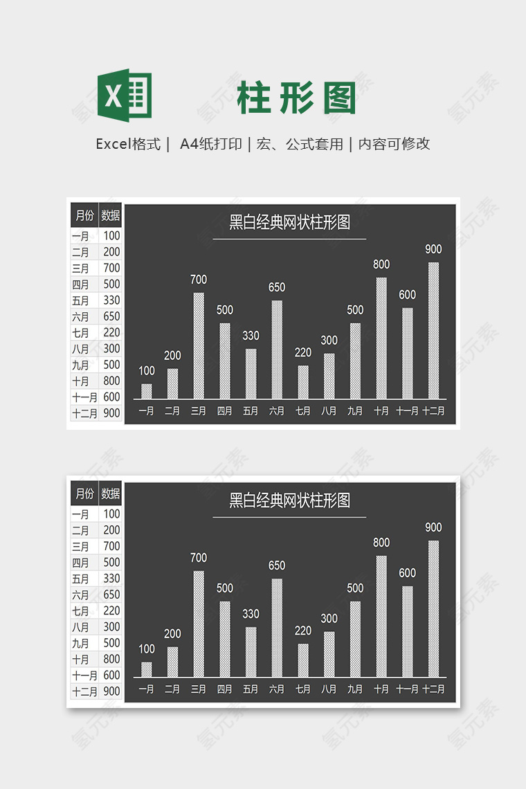 专业黑色经典网状柱形图excel模板