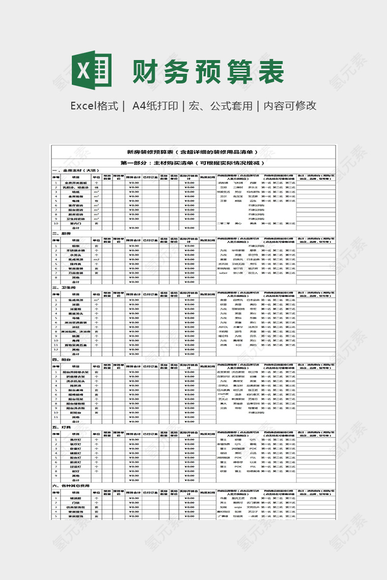 简单精细新房装修预算表Excel