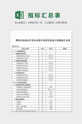 农业综合专项项目任务投资主要指标汇总表excel模板