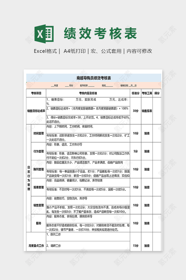 商店导购员绩效考核表excel模板