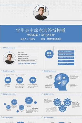 蓝色大气学生会主席竞选答辩模板ppt