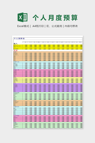 专业个人月度预算表excel模板