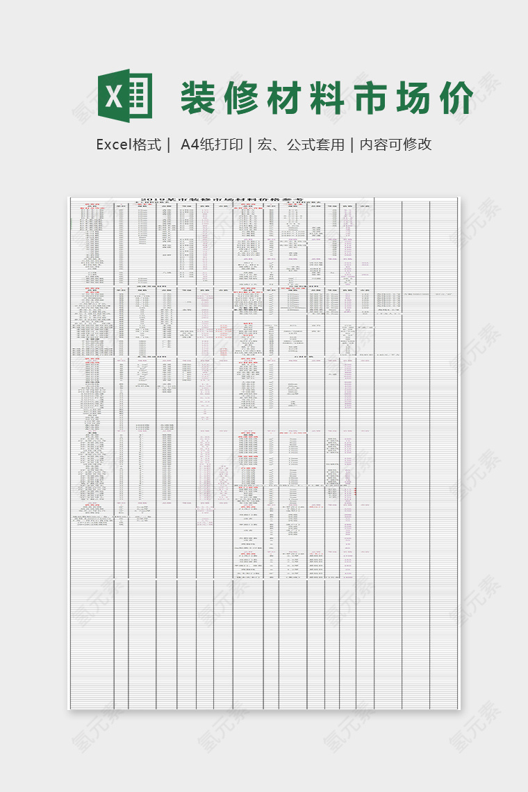 2019最新的某市装修市场材料价格参考Excel表格模板