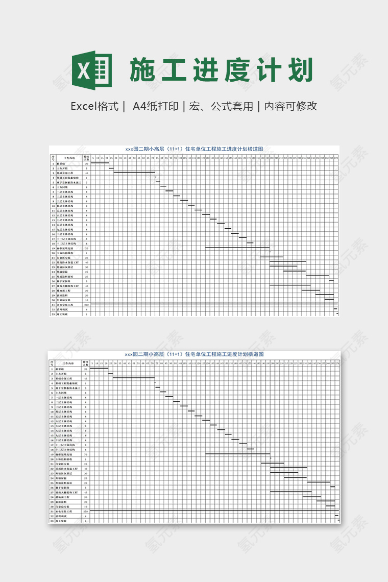 住宅单位工程施工进度计划横道图excel模板