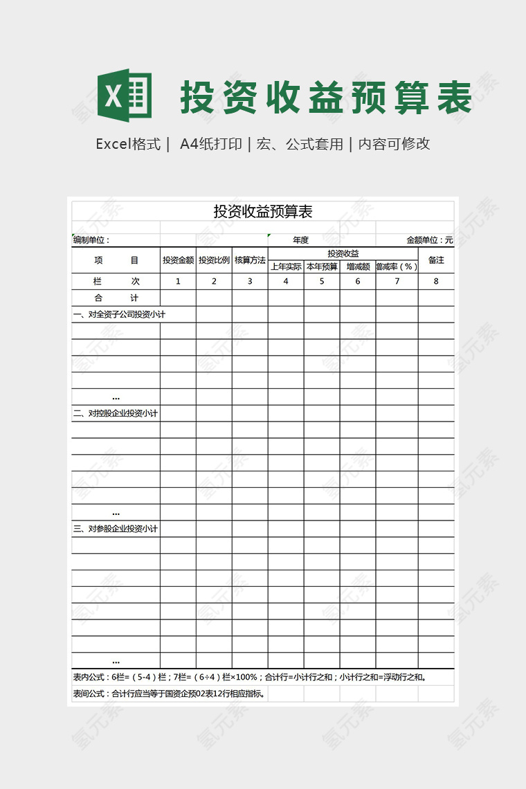 投资收益预算表格