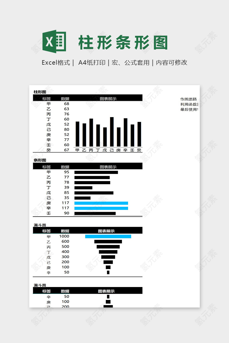 数据可视化工具柱形条形统计图excel模板