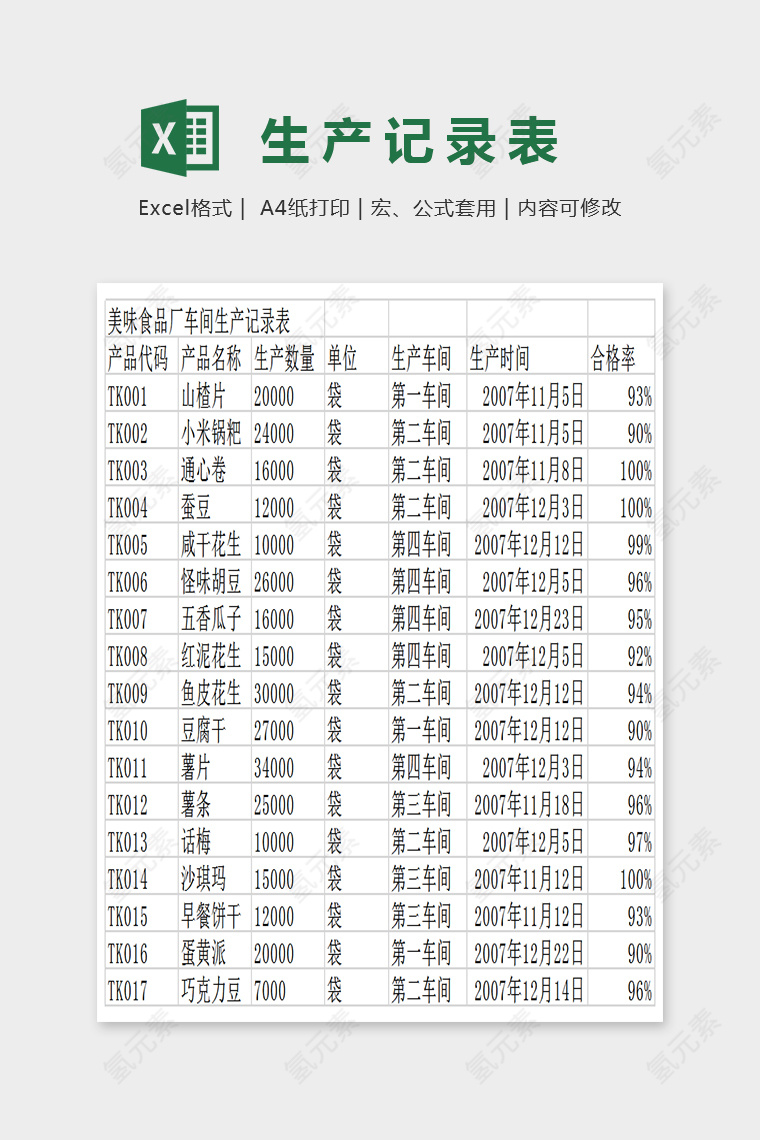 简单精美大气生产记录表Excel