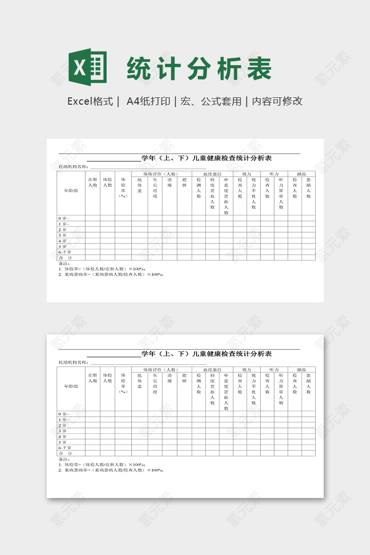 幼儿园儿童健康检查统计分析表excel模板