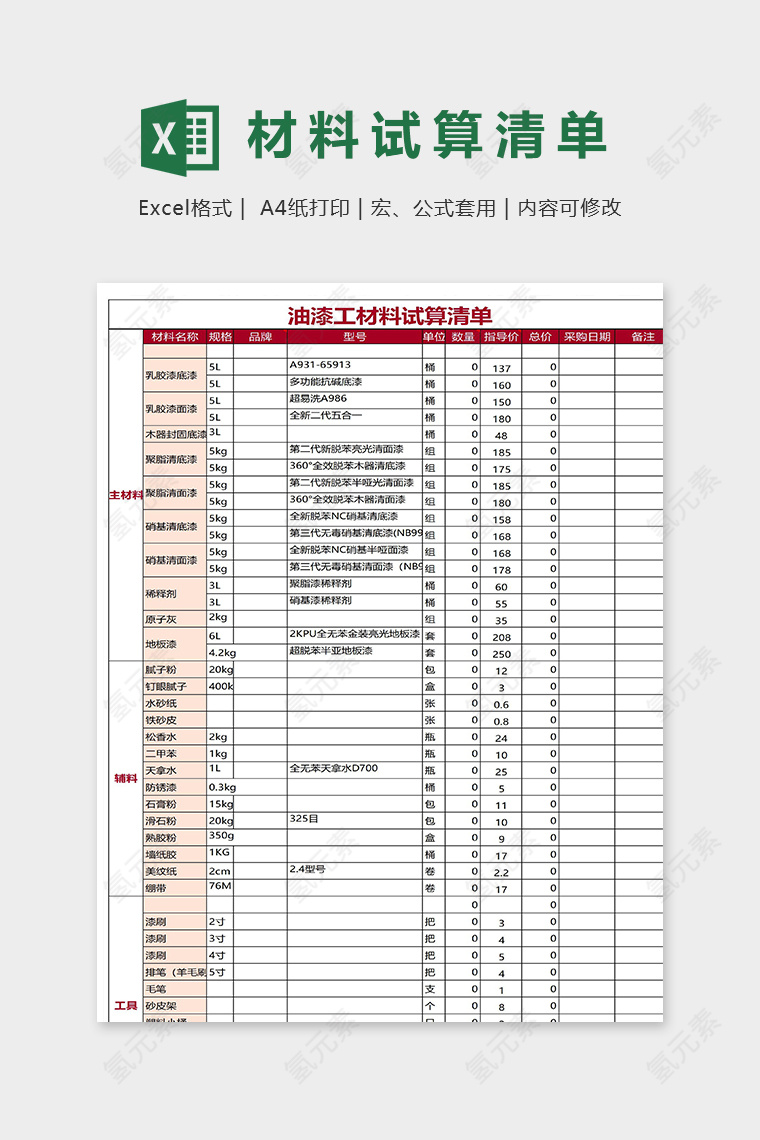 装修工程油漆工材料试算清单模版