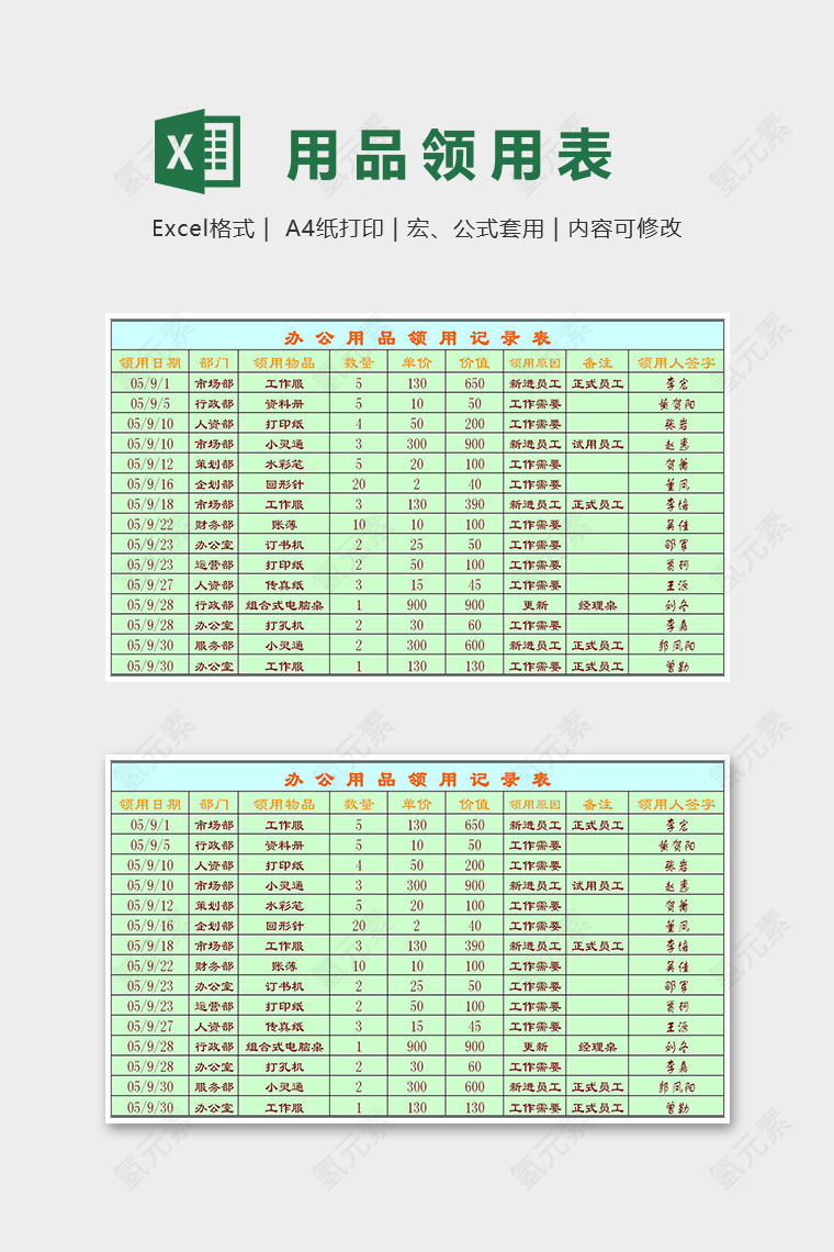 公司办公用品领用登记表excel模板