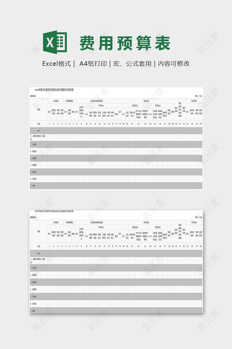 年度水利系统行政事业单位预算执行情况表excel模板