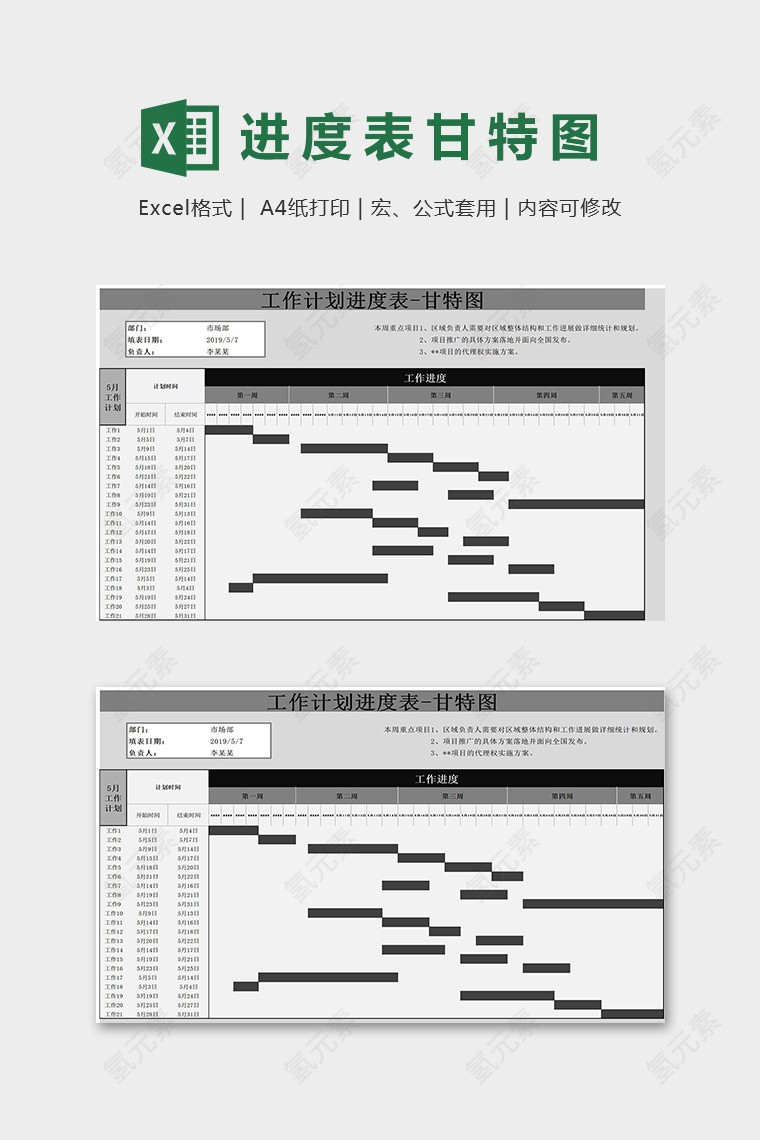 公司部门专业工作计划进度表甘特图excel模板