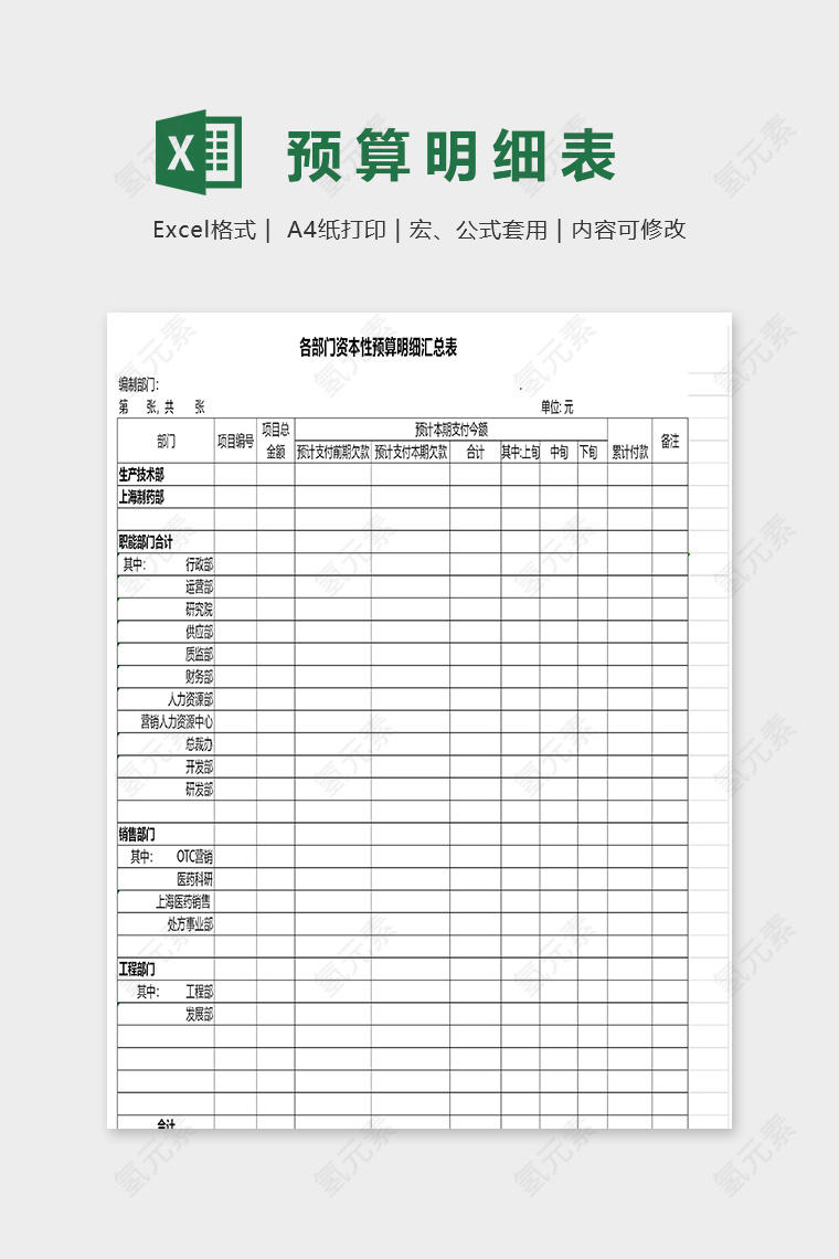 各部门资本性预算明细表excel模板