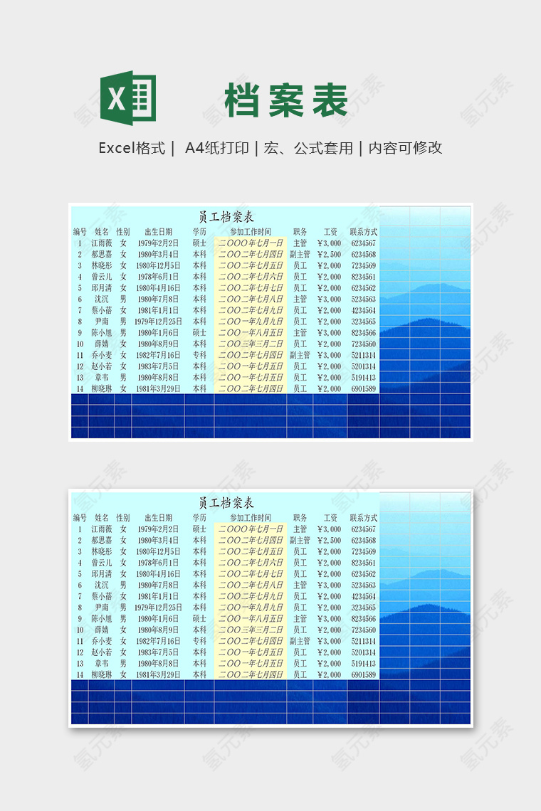 专业高端员工档案表excel模板