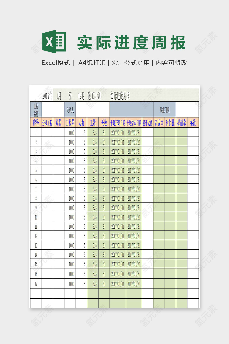 详细公司专业工作进度周报excel模板