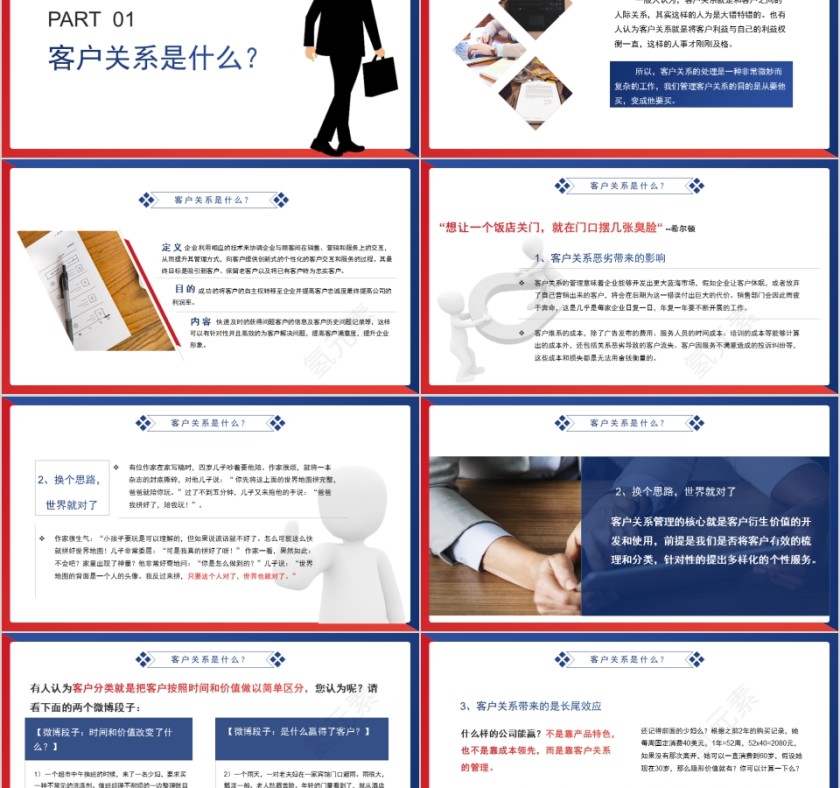 时尚红蓝搭配商务市场部培训与客户关系管理PPT模板第2张