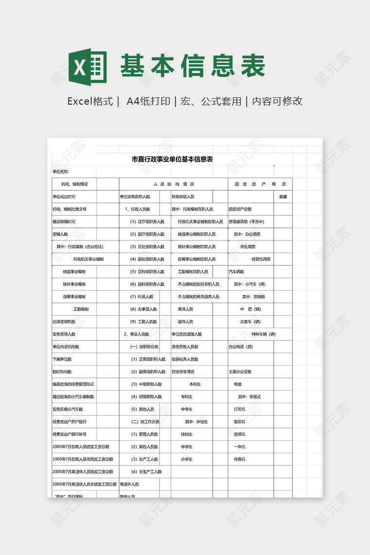 市直行政单位基本信息表模版