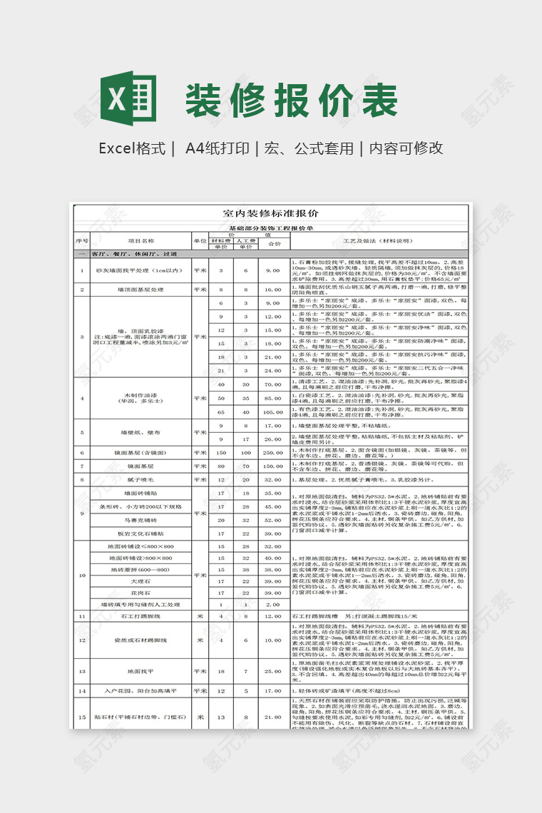 精美简单数据装修报价表Excel