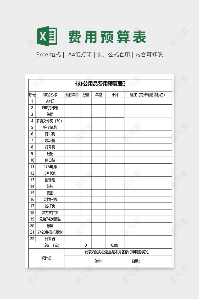 公司办公用品费用预算表excel模板