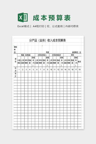 自动化带公式分产品业务收入成本预算表excel模板