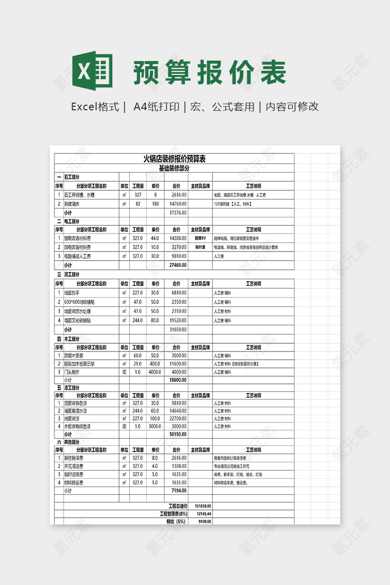 火锅店装修报价预算表excel模板