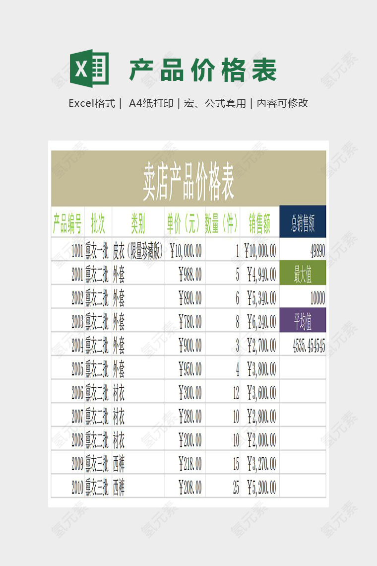 简单通用产品报价表Excel