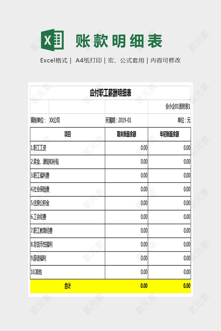 应付职工薪酬明细表Excel