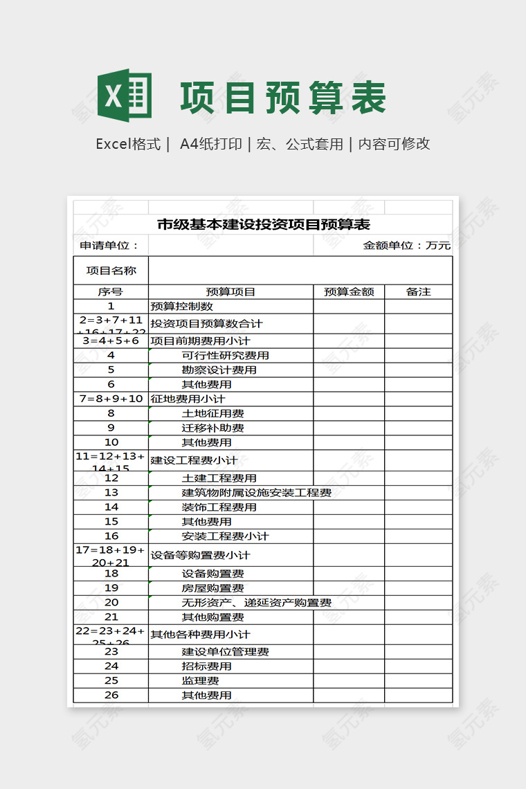 简单市级基本建设投资项目预算表Excel