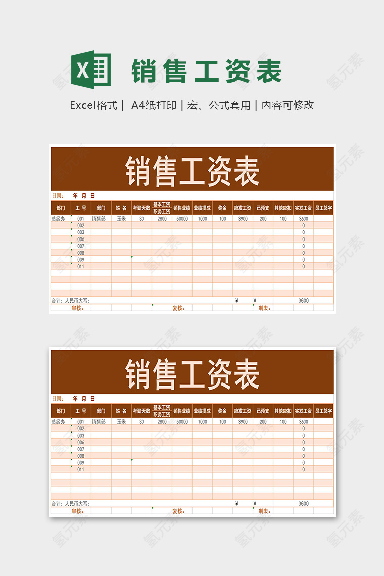 红色大方销售工资表Excel表格模板