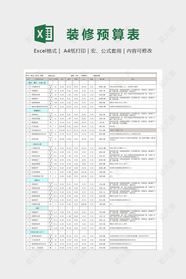 110平米全包预算表模版