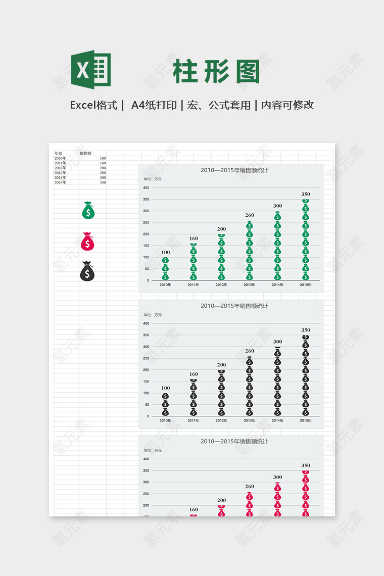 创意销售数据钱袋图案柱形图表excel模板