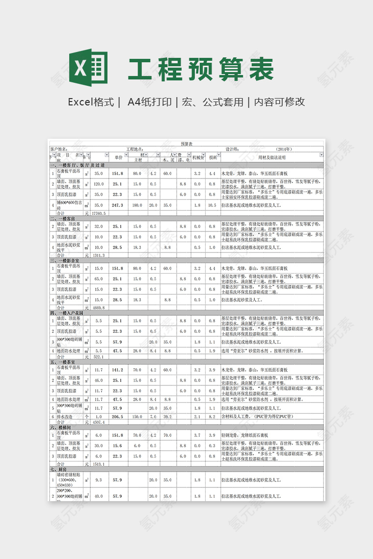 精美详细大方工程预算统计表EXcel