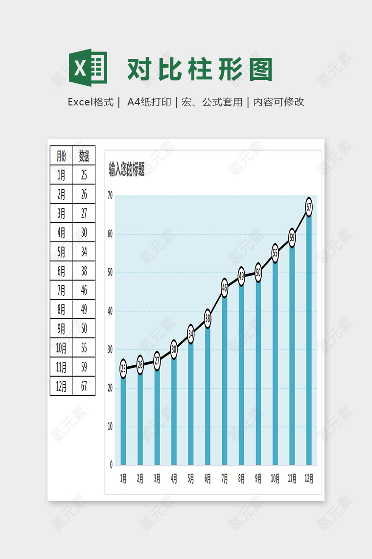 通用图表模板带标记线的月份对比柱形图