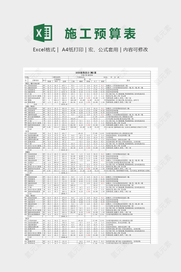 XX装饰设计装修工程预算表模版