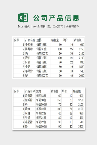 公司产品信息表