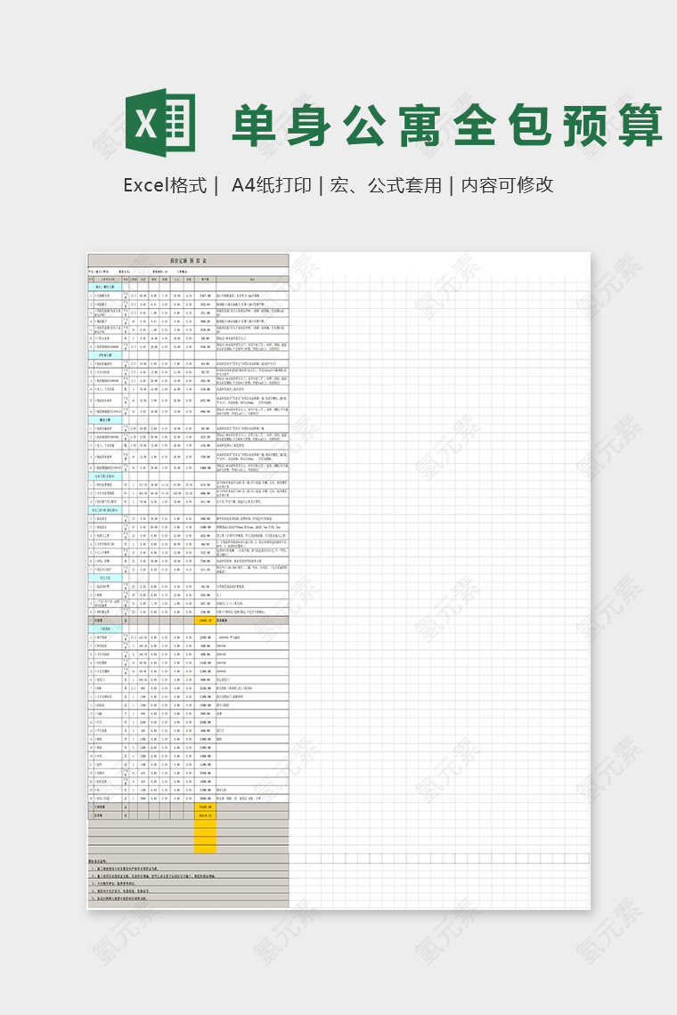 25平米单身公寓全包预算Excel表格模板