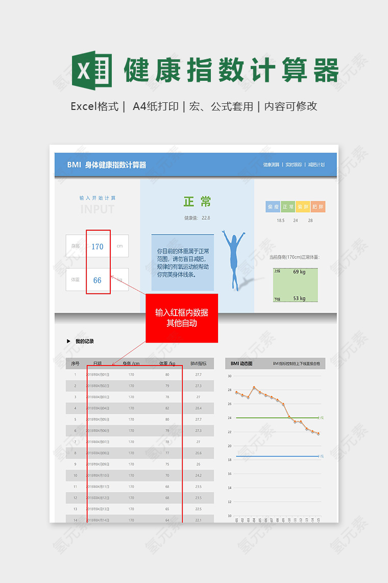 全自动健身指数计算器excel模版