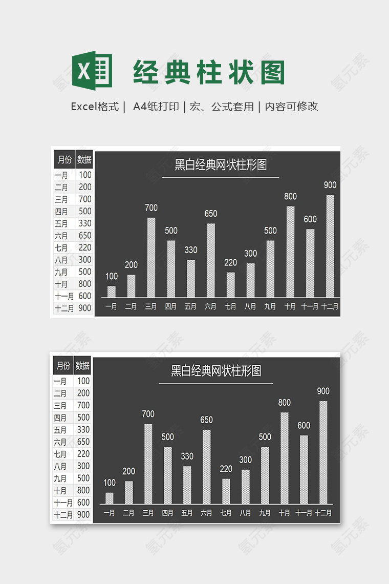 黑白经典网状柱形图表